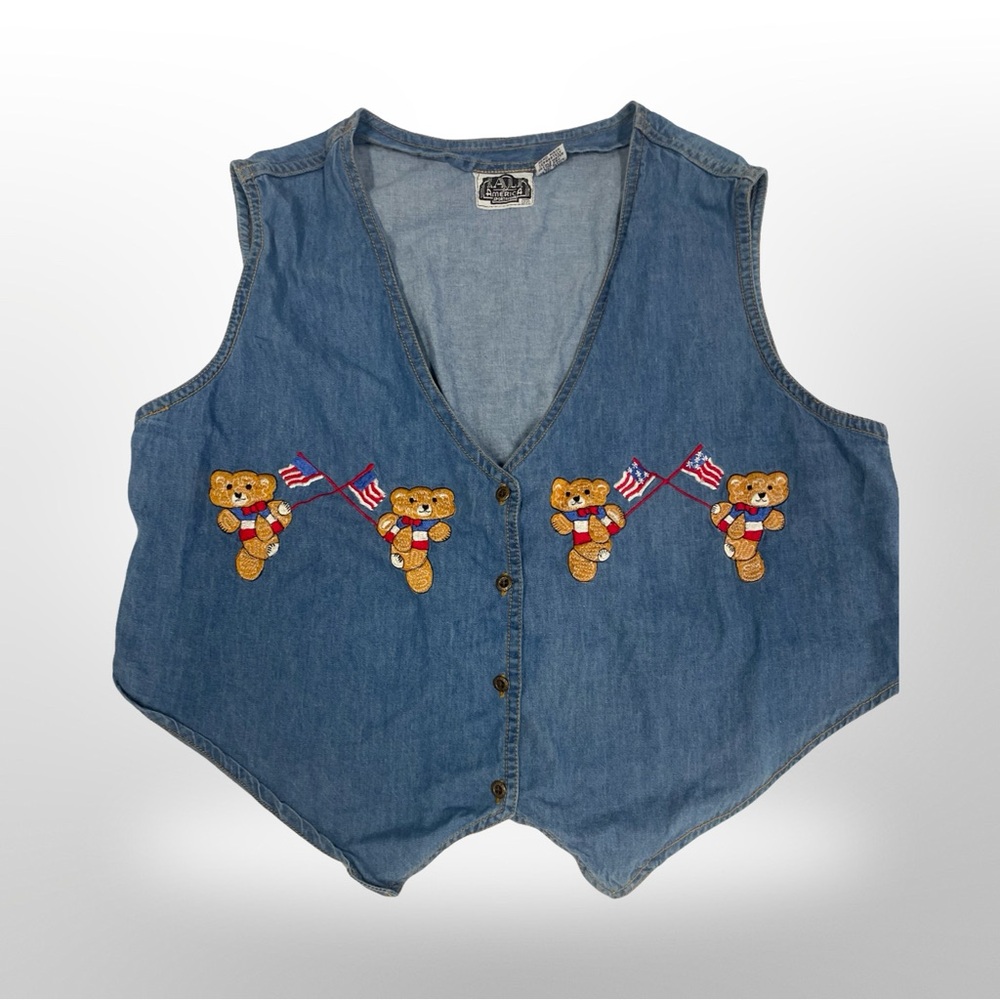 VTG Talk America Sports Wear Denim Vest Novelty Print 4th Of July‎ Women's